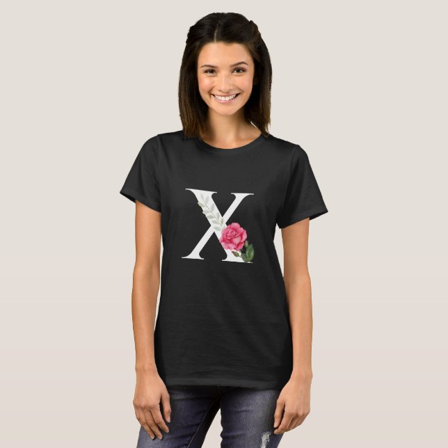 Monogram Initial Letter X in White with Pink Rose T-Shirt (Front Full)