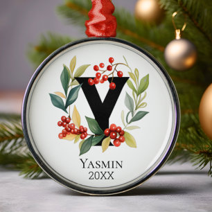 Monogram Initial Letter Y Berry Wreath Christmas Metal Ornament