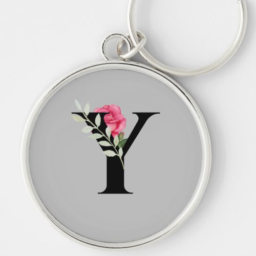 Monogram Initial Letter Y in Black with Pink Rose Keychain