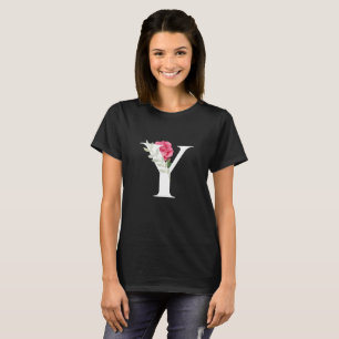 Monogram Initial Letter Y in White with Pink Rose T-Shirt