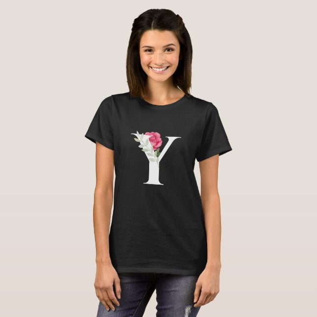 Monogram Initial Letter Y in White with Pink Rose T-Shirt (Front Full)