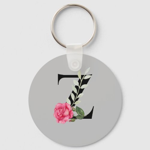 Monogram Initial Letter Z in Black with Pink Rose Keychain