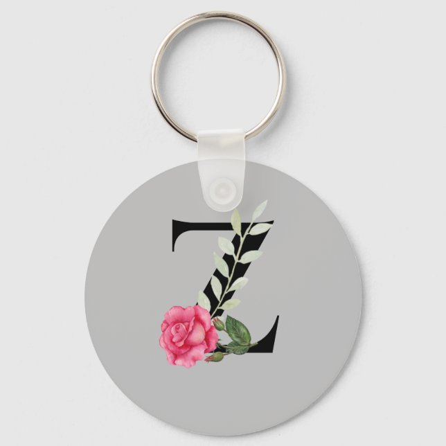 Monogram Initial Letter Z in Black with Pink Rose Keychain (Front)