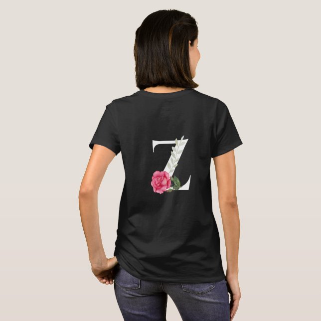 Monogram Initial Letter Z in White with Pink Rose T-Shirt (Back Full)
