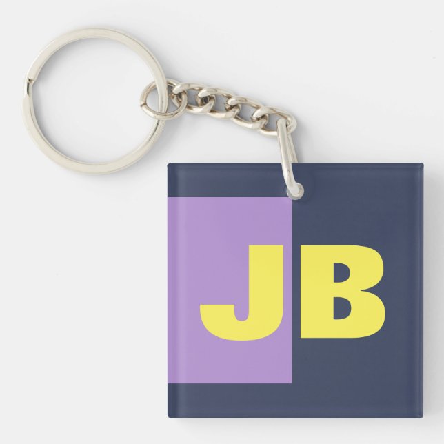 Monogram Initial Letters Navy Blue Indigo Yellow Keychain (Front)