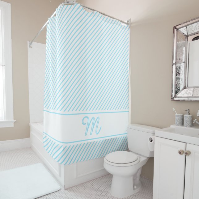 Monogram Initial light blue stripes Shower Curtain (In Situ)