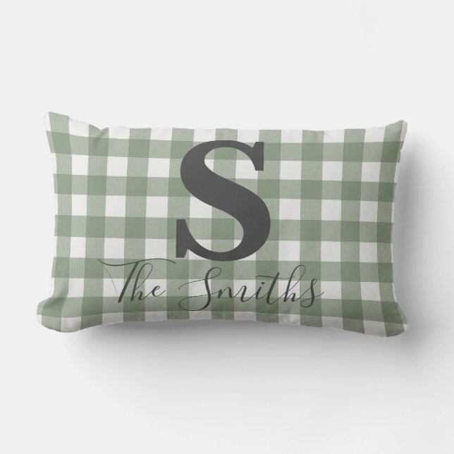 Monogram Initial Light Green Buffalo Plaid Lumbar Pillow (Front)