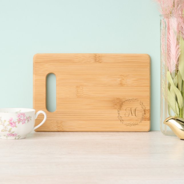 Monogram Initial Line Art Laurel Leaf Frame Engraved Cutting Board (Upright)