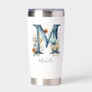 Monogram Initial M Blue Floral Watercolor Gift Her Insulated Tumbler