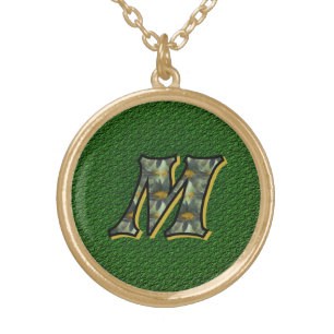 Monogram Initial M Daisies Flower Art Gold Plated Necklace