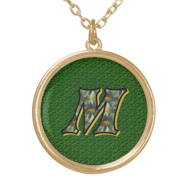 Monogram Initial M Daisies Flower Art Gold Plated Necklace (Front)