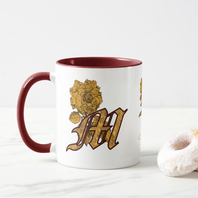 Monogram Initial M Elegant Gold Peony Personalized Mug (With Donut)