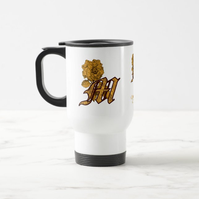 Monogram Initial M Elegant Gold Peony Personalized Travel Mug (Left)