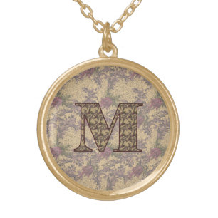 Monogram Initial M Elegant Vintage Floral Gold Plated Necklace