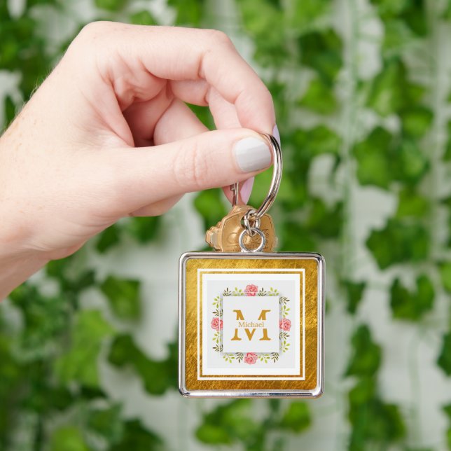 Monogram Initial "M" Floral - Pink Roses & Gold Keychain (Hand)