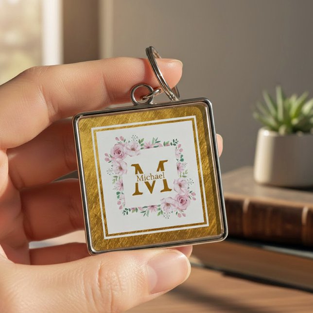 Monogram Initial "M" Floral - Pink Roses & Gold Keychain (Creator Uploaded)