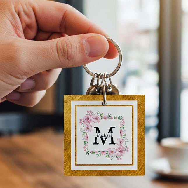 Monogram Initial "M" Floral - Pink Roses & Gold Keychain (Creator Uploaded)