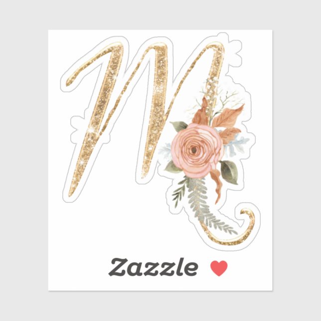 Monogram Initial M Gold Glitter Peony Rose Floral Sticker (Sheet)