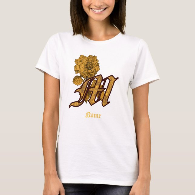 Monogram Initial M Gold Peony Flower Personalized T-Shirt (Front)