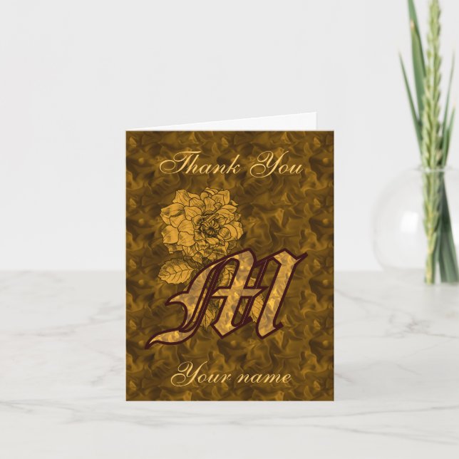 Monogram Initial M Gold Satin Peony Personalized Letterpress Thank You Card (Front)