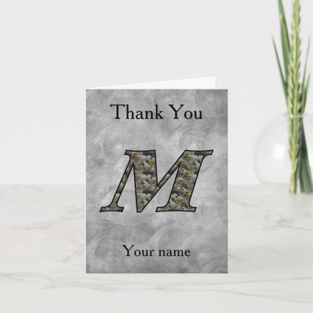 Monogram Initial M Hydrangea Flowers Personalized Letterpress Thank You Card (Front)