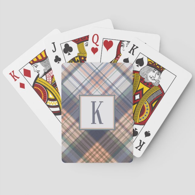 Monogram Initial Masculine Blue Grey Green Plaid Poker Cards (Back)