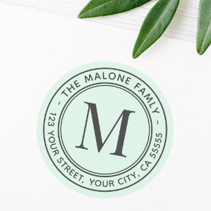 Monogram initial minimal mint green return address classic round sticker