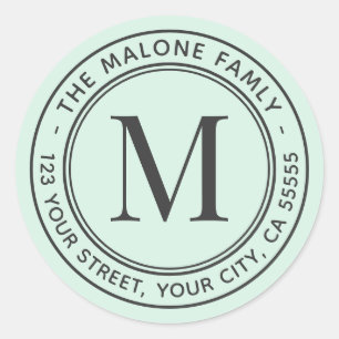 Monogram initial minimal mint green return address classic round sticker