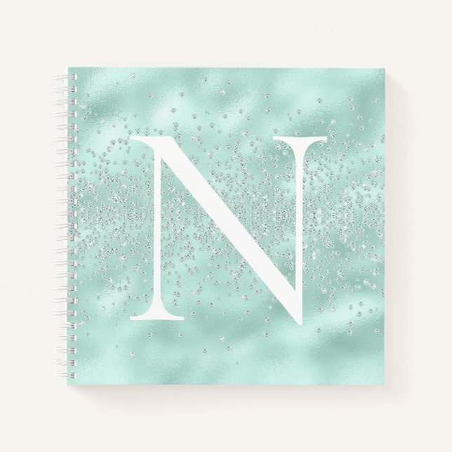Monogram Initial Mint Green Sparkles Bling Notebook (Front)