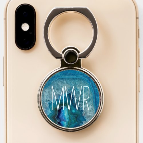 Monogram Initial Modern Blue Geode Crystal Phone Ring Stand