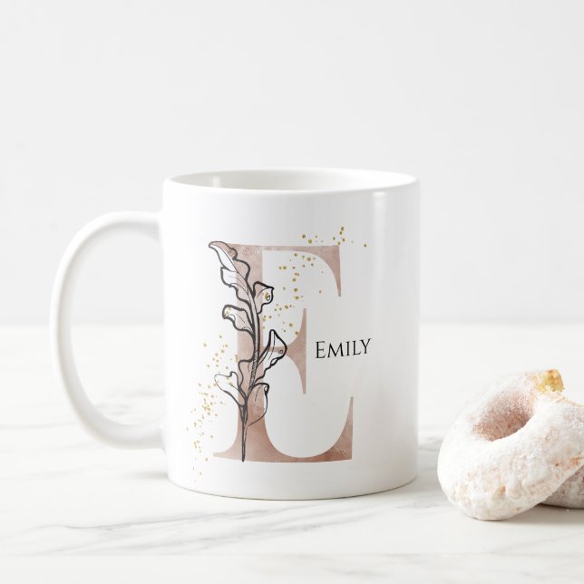 Monogram Initial Modern Letter E Boho Personalized Coffee Mug (With Donut)