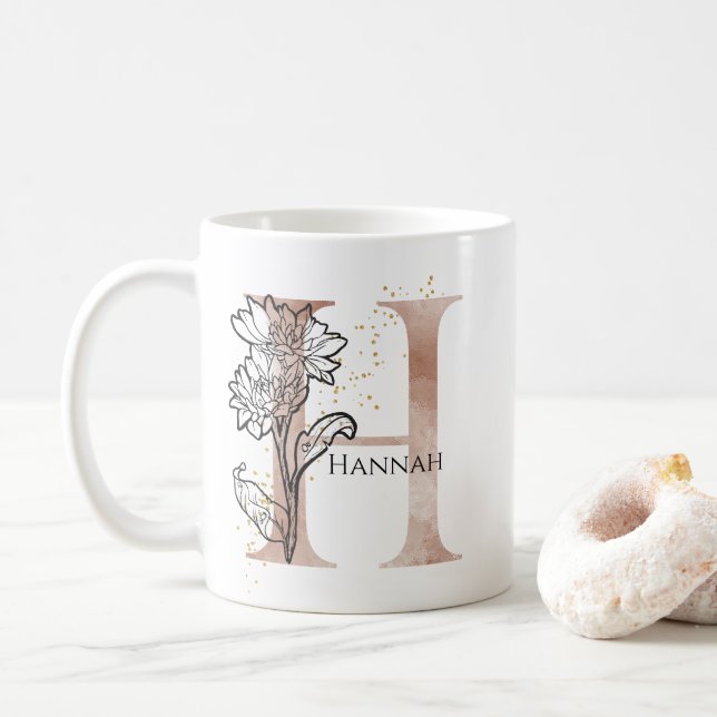 Monogram Initial Modern Letter H Boho Personalized Coffee Mug (With Donut)