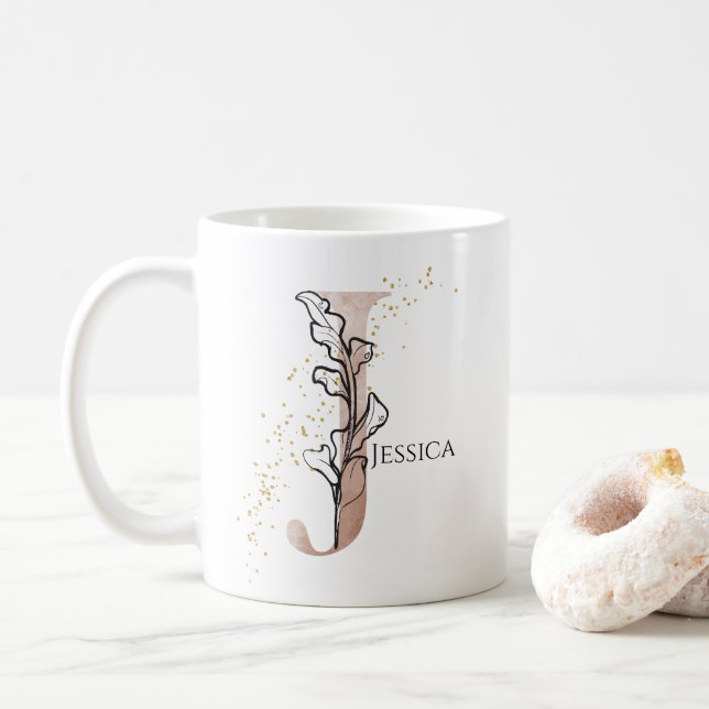 Monogram Initial Modern Letter J Boho Personalized Coffee Mug (With Donut)