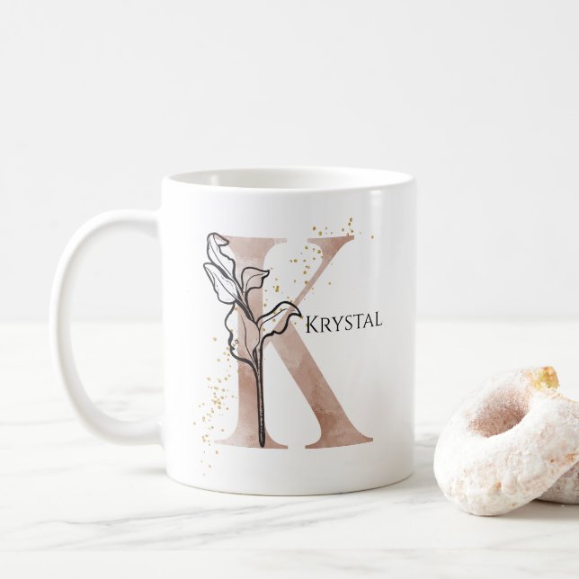 Monogram Initial Modern Letter K Boho Personalized Coffee Mug (With Donut)