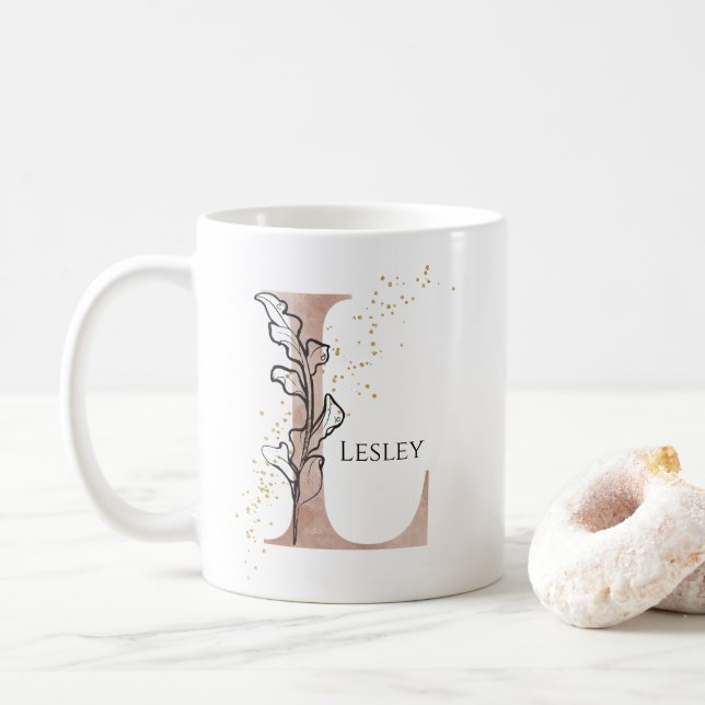 Monogram Initial Modern Letter L Boho Personalized Coffee Mug (With Donut)