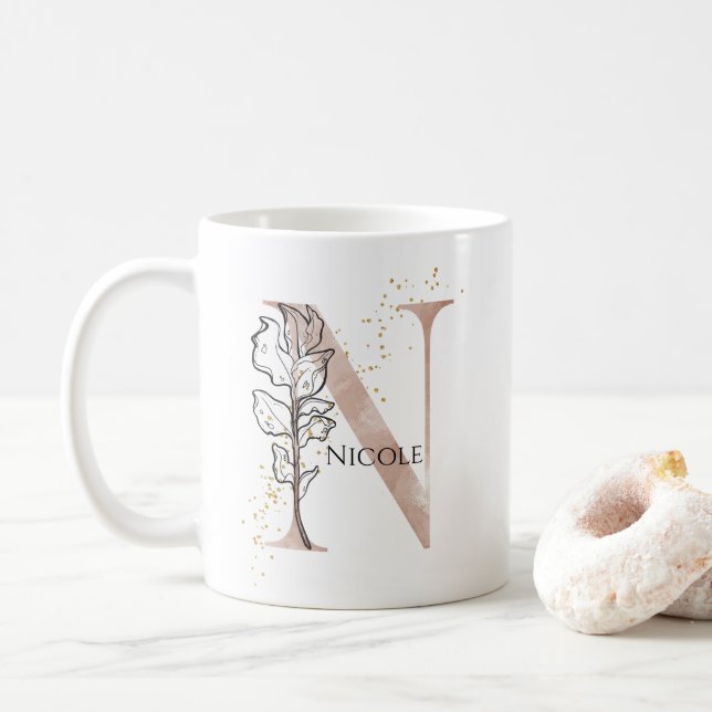 Monogram Initial Modern Letter N Boho Personalized Coffee Mug (With Donut)