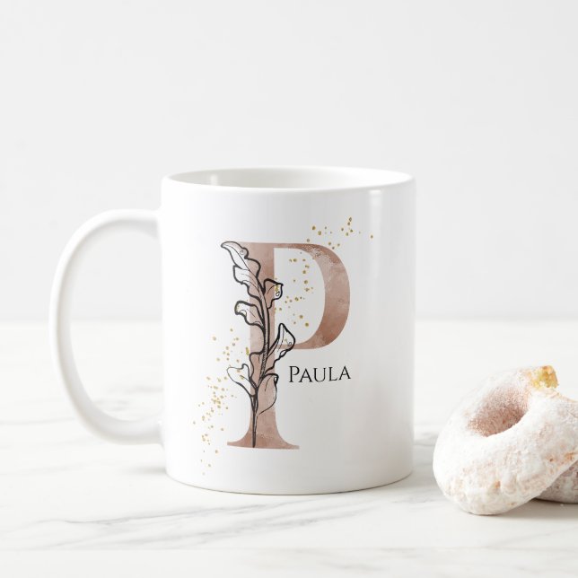 Monogram Initial Modern Letter P Boho Personalized Coffee Mug (With Donut)