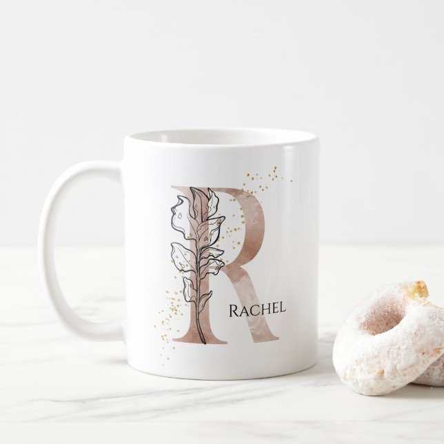 Monogram Initial Modern Letter R Boho Personalized Coffee Mug (With Donut)
