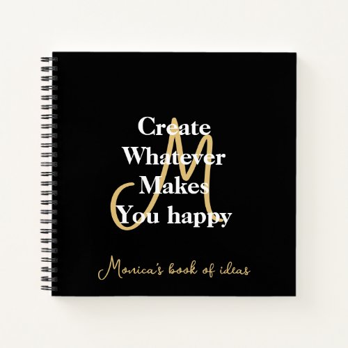 Monogram Initial Motivational Quote Gold Black Notebook
