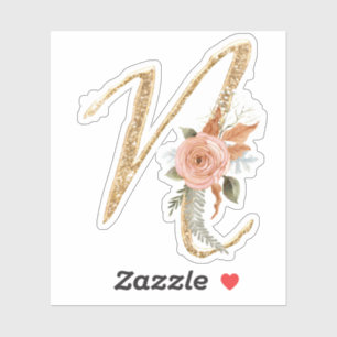 Monogram Initial N Gold Glitter Peony Rose Floral Sticker