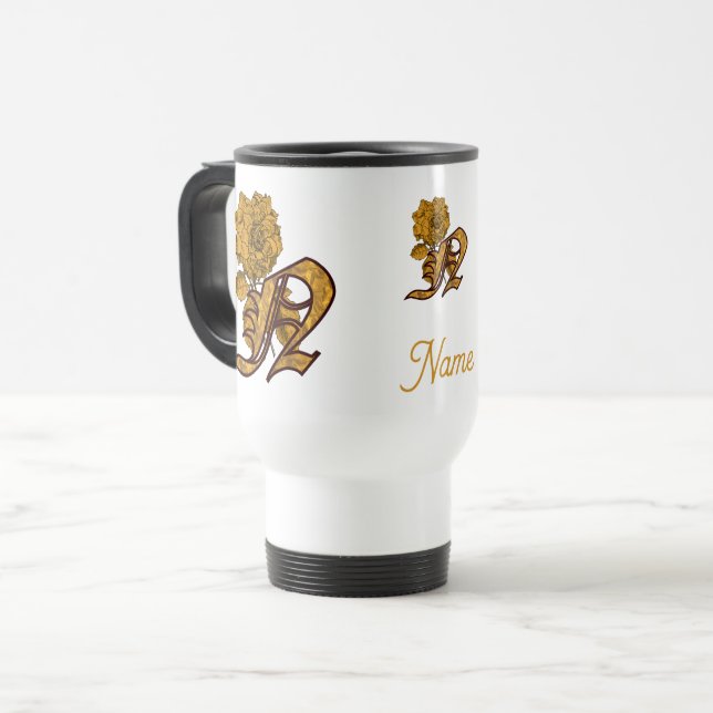 Monogram Initial N Gold Peony Personalized Travel Mug (Front Left)