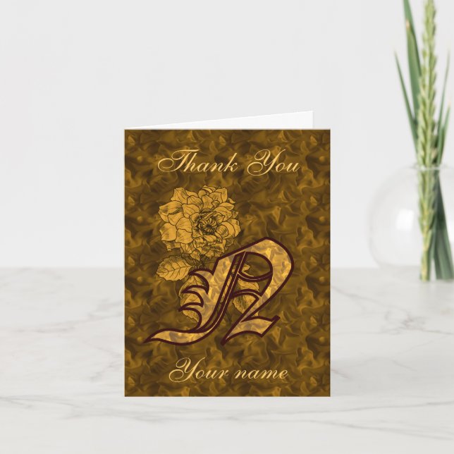 Monogram Initial N Gold Satin Peony Personalized Letterpress Thank You Card (Front)