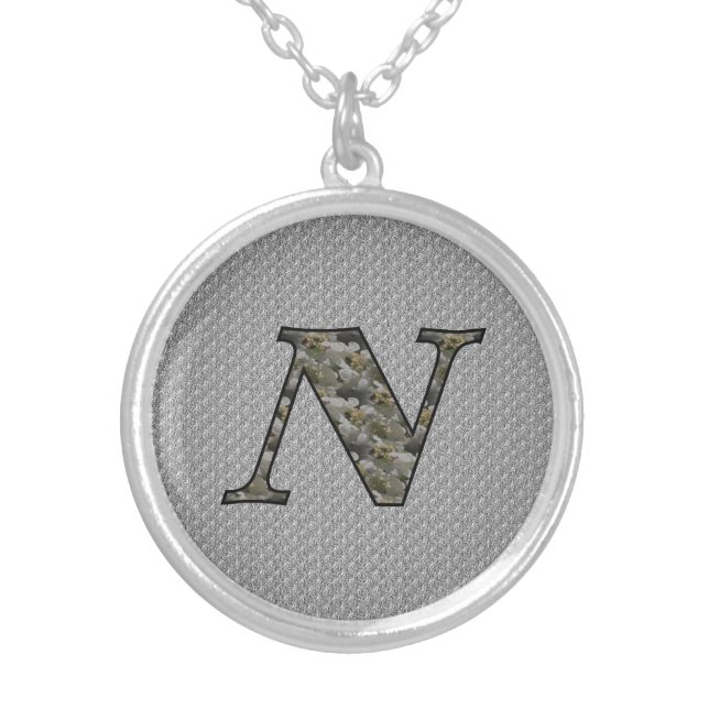 Monogram Initial N Hydrangea Flowers Silver Plated Necklace (Front)