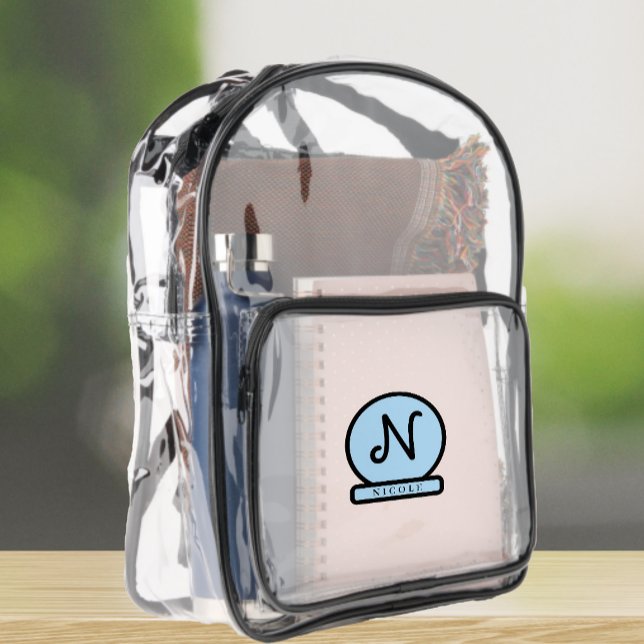 Monogram initial name blue black personalized  clear backpack  (Creator Uploaded)
