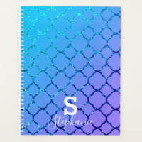 Monogram Initial Name Blue Glitter Quatrefoil Cool Planner