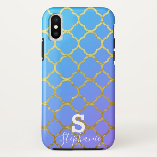 Monogram Initial Name Blue White Gold Foil Ombre iPhone X Case