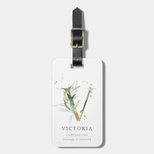 Monogram Initial Name Botanical Chic Gold Letter V Luggage Tag