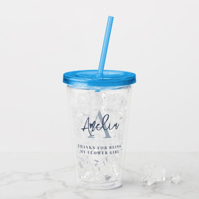 Monogram Initial Name Dusty Blue Thanks Flowergirl Acrylic Tumbler (Back Ice)