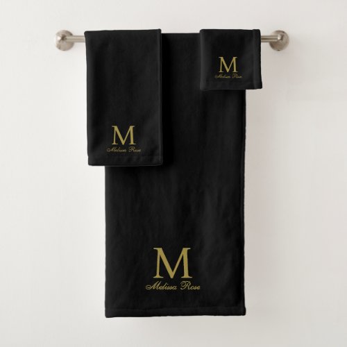 Monogram Initial Name Elegant Gold Black Bath Towel Set
