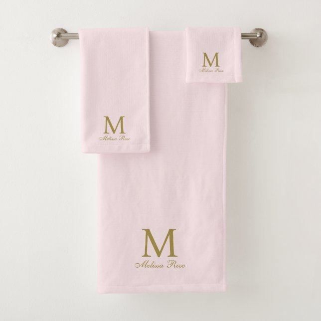 Monogram Initial Name Elegant Gold Blush Bath Towel Set (Insitu)
